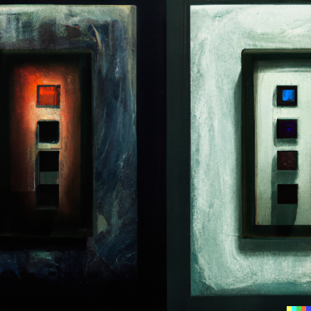 Two illuminated switchboards: one light, one dark